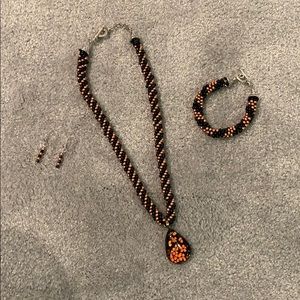Orange & Blk BeadedNecklace/Bracelet&EarringSet